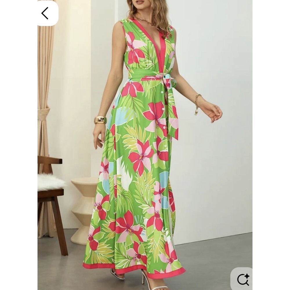 Stylewe Vibrant Tropical Floral Sleeveless Maxi Dress Sz S Belted Botanical Long
